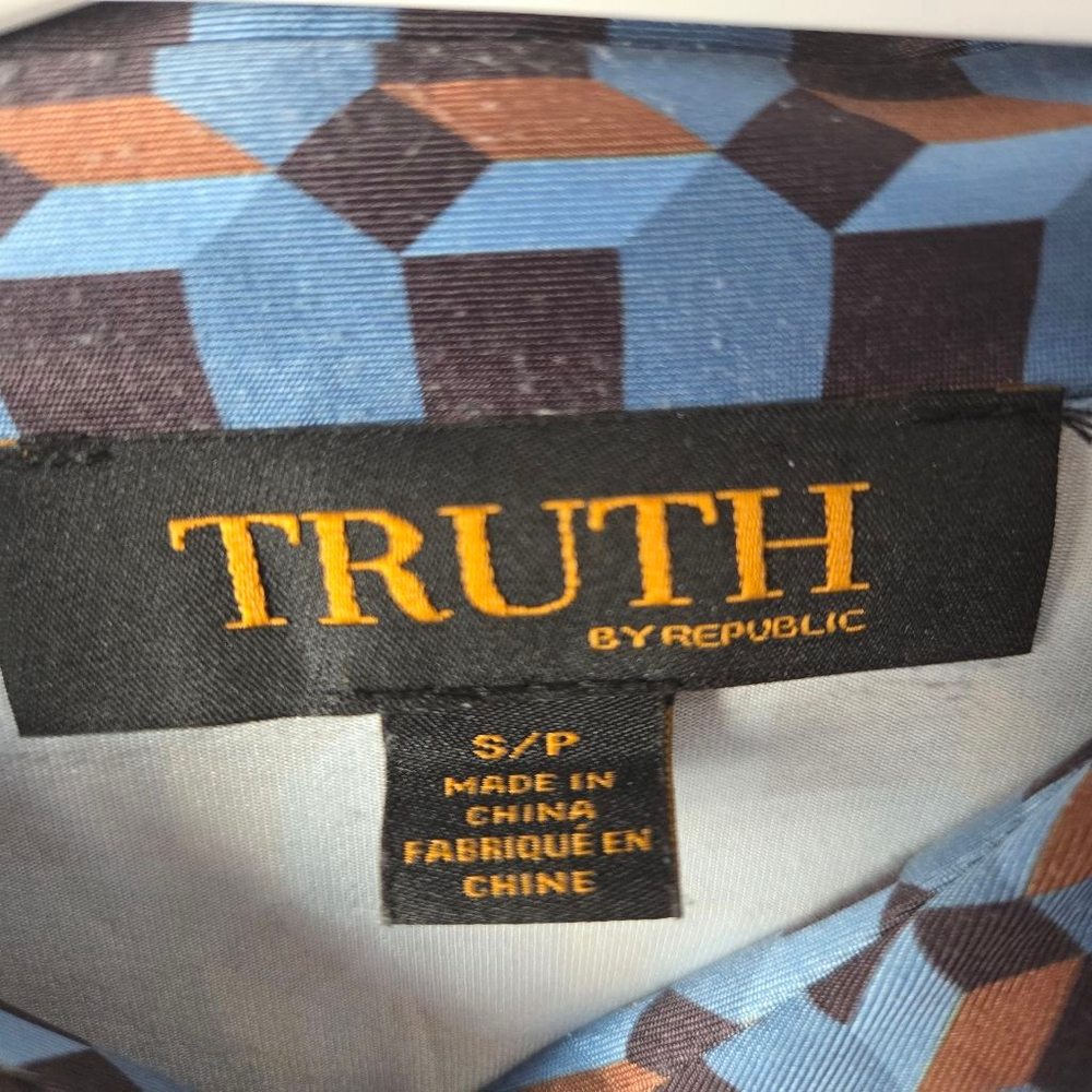 Women's Truth by Republic Button Down Shirt SP Blue Brown Geometric - Picture 2 of 11